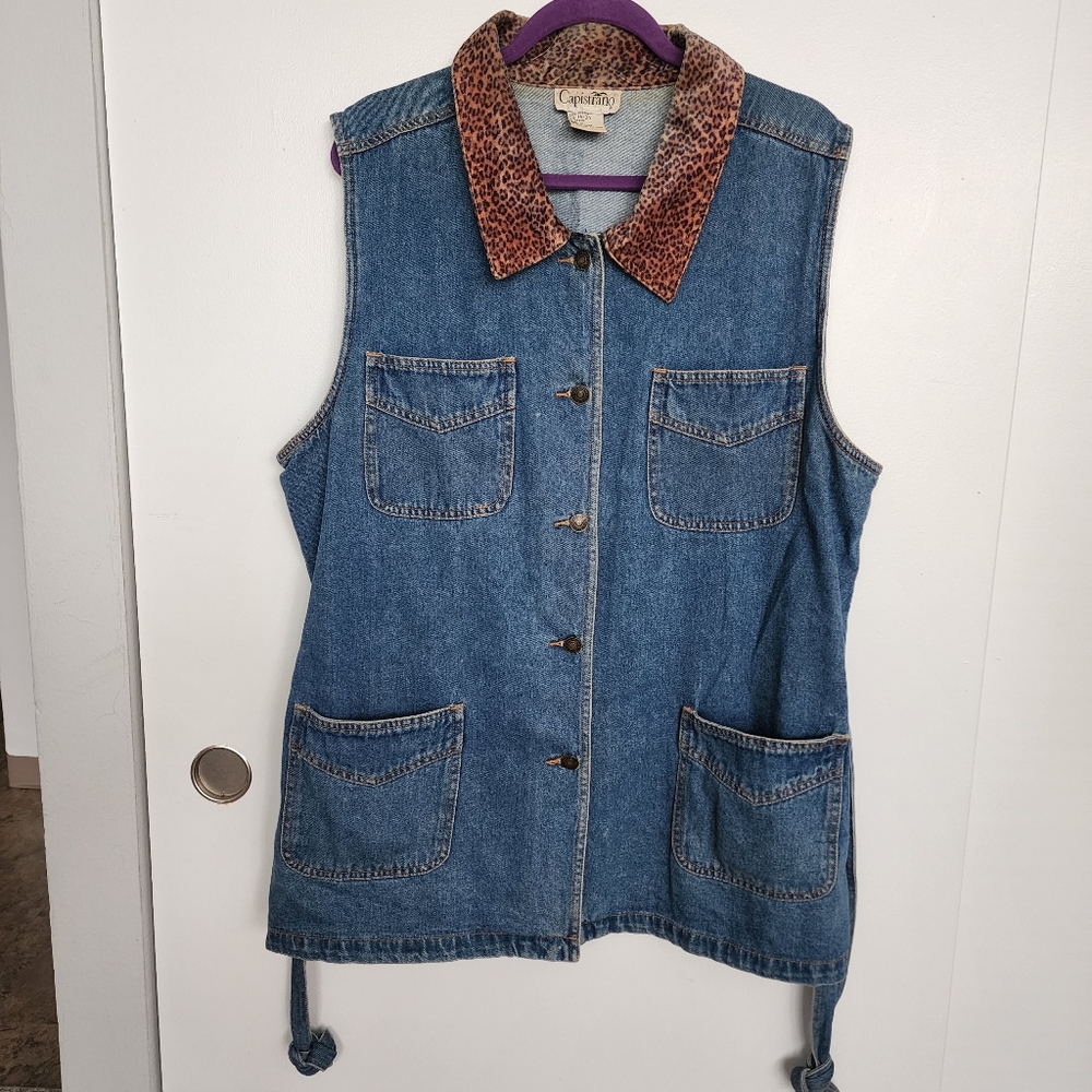 Jean Vest with Leopard print collar